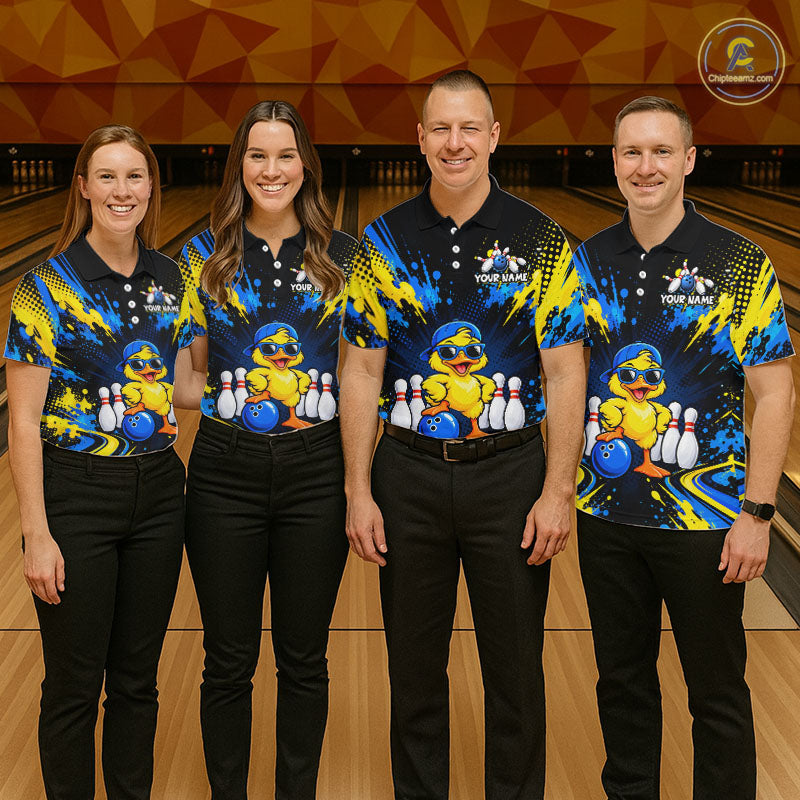 Custom Blue And Yellow Funny Duck Bowling Team Shirts for Men Bowling Tournament for Bowler HNT643