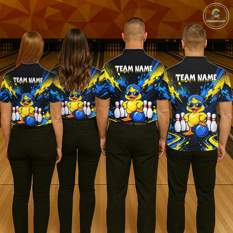 Custom Blue And Yellow Funny Duck Bowling Team Shirts for Men Bowling Tournament for Bowler HNT643