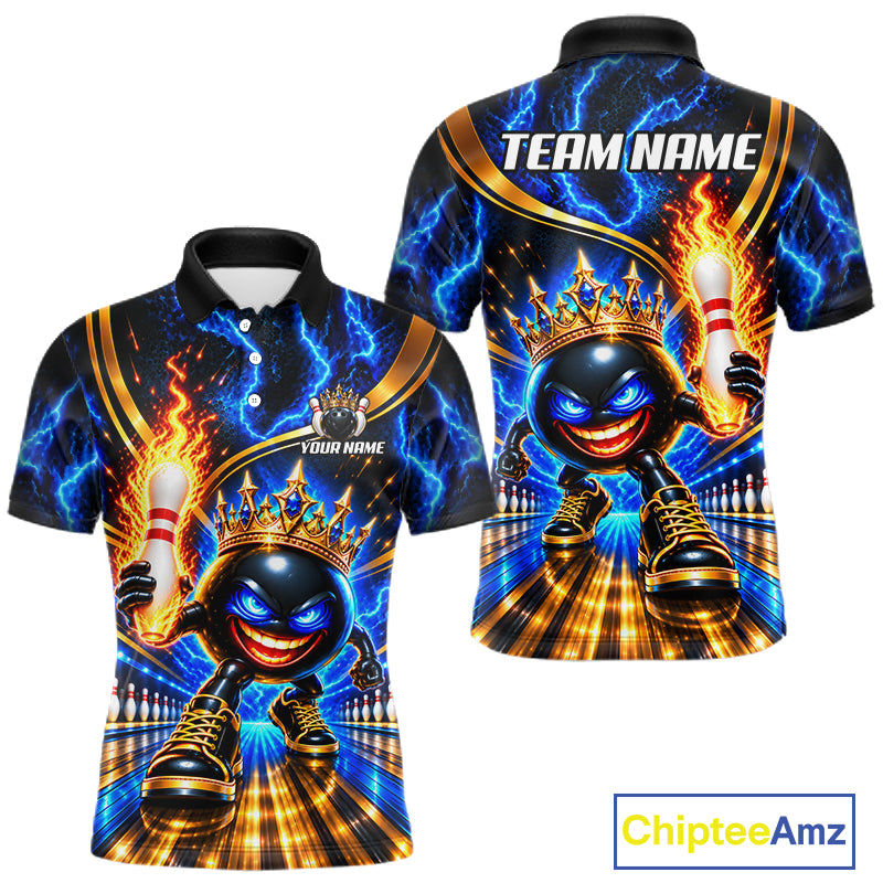 Front and back views of a short-sleeve polo shirt featuring a vibrant bowling-themed graphic print. The design shows a cartoon bowling ball wearing a gold crown, holding a flaming pin, with blue lightning and a bowling alley background.