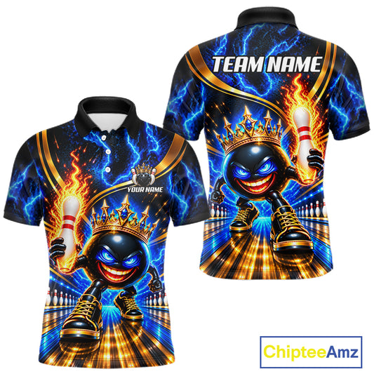 Front and back views of a short-sleeve polo shirt featuring a vibrant bowling-themed graphic print. The design shows a cartoon bowling ball wearing a gold crown, holding a flaming pin, with blue lightning and a bowling alley background.