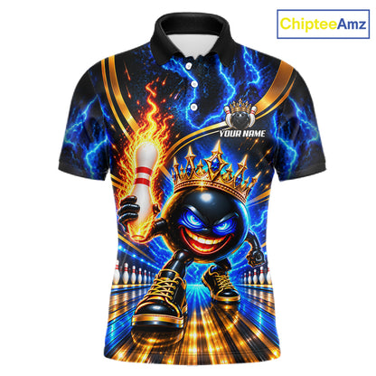Front views of a short-sleeve polo shirt featuring a vibrant bowling-themed graphic print. The design shows a cartoon bowling ball wearing a gold crown, holding a flaming pin, with blue lightning and a bowling alley background.