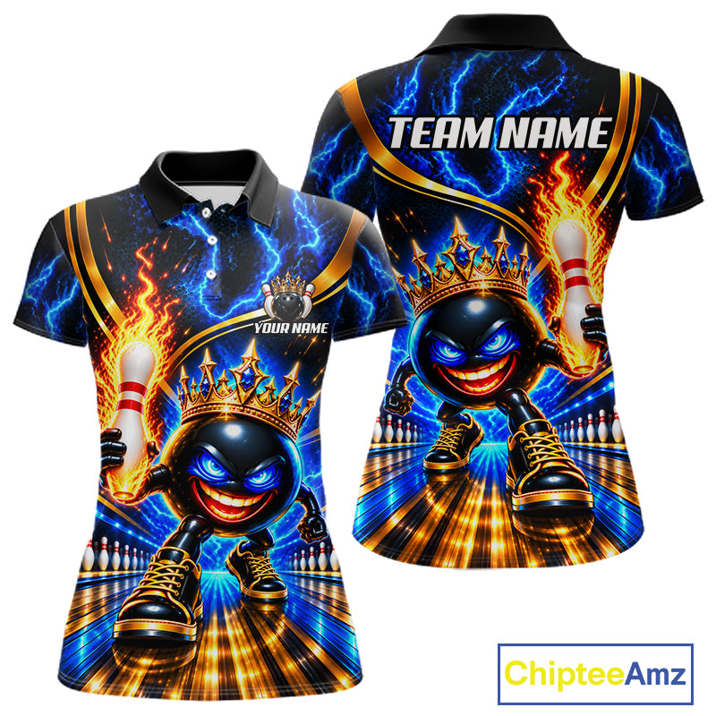 Custom Flame Funny Crown Ball Bowling Team Shirts for Women Bowling League Polo & 1/4 Zip HNT638