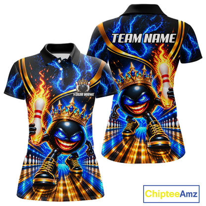 Custom Flame Funny Crown Ball Bowling Team Shirts for Women Bowling League Polo & 1/4 Zip HNT638