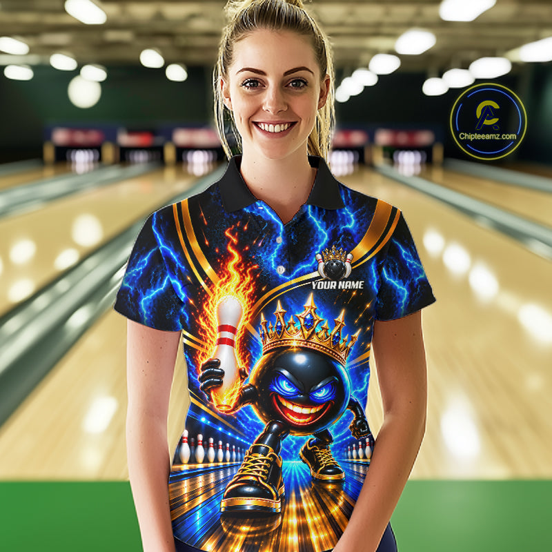 Custom Flame Funny Crown Ball Bowling Team Shirts for Women Bowling League Polo & 1/4 Zip HNT638