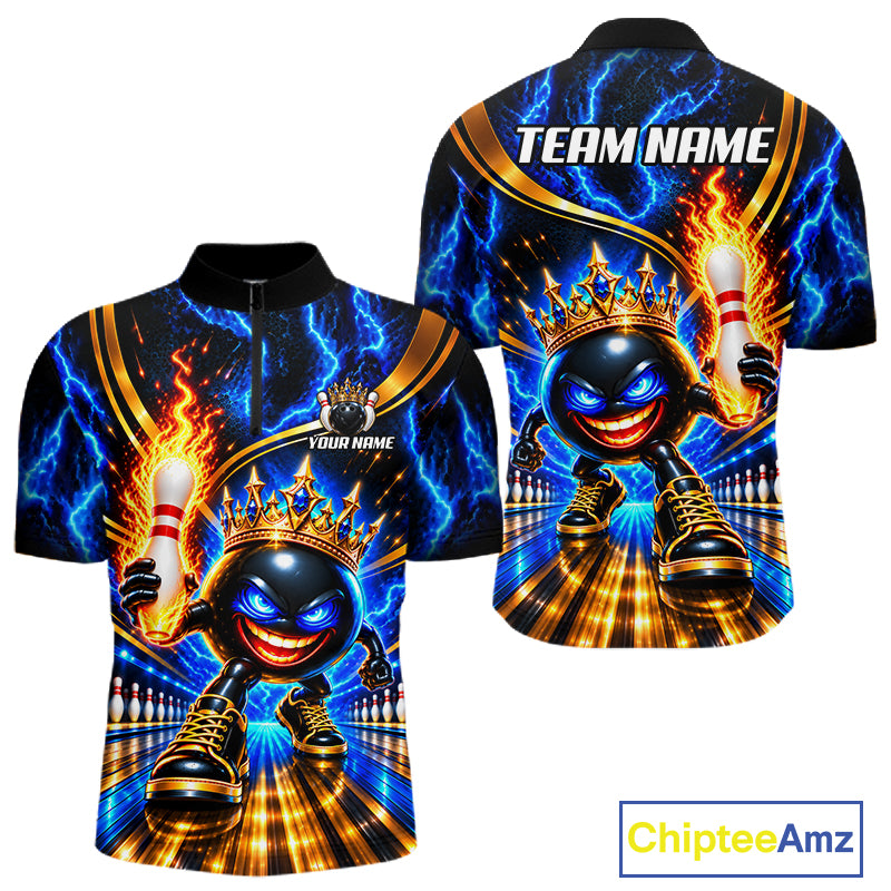 Front and back views of a short-sleeve quarter zip shirt featuring a vibrant bowling-themed graphic print. The design shows a cartoon bowling ball wearing a gold crown, holding a flaming pin, with blue lightning and a bowling alley background.