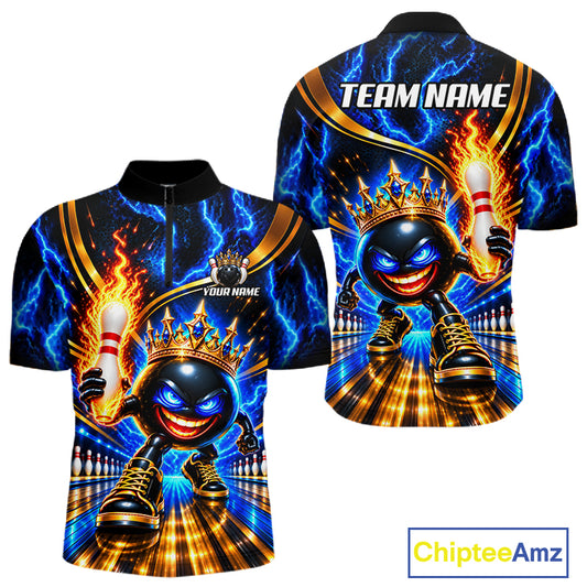 Front and back views of a short-sleeve quarter zip shirt featuring a vibrant bowling-themed graphic print. The design shows a cartoon bowling ball wearing a gold crown, holding a flaming pin, with blue lightning and a bowling alley background.