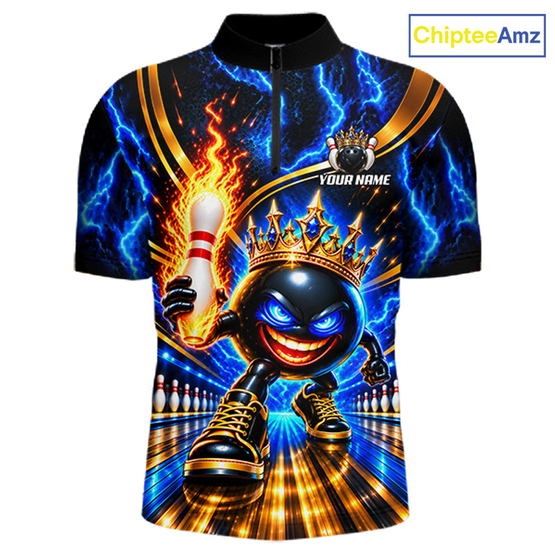 Front views of a short-sleeve quarter zip shirt featuring a vibrant bowling-themed graphic print. The design shows a cartoon bowling ball wearing a gold crown, holding a flaming pin, with blue lightning and a bowling alley background.