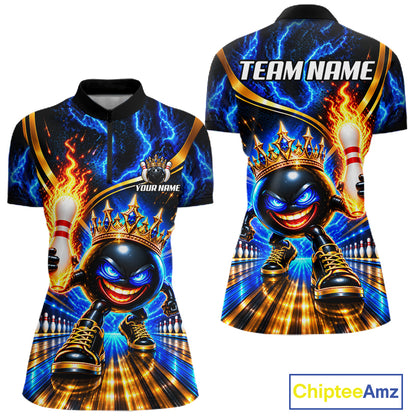 Custom Flame Funny Crown Ball Bowling Team Shirts for Women Bowling League Polo & 1/4 Zip HNT638