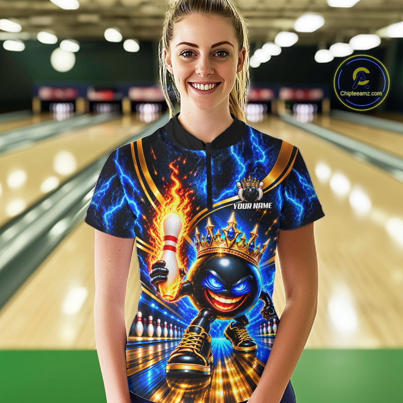 Custom Flame Funny Crown Ball Bowling Team Shirts for Women Bowling League Polo & 1/4 Zip HNT638