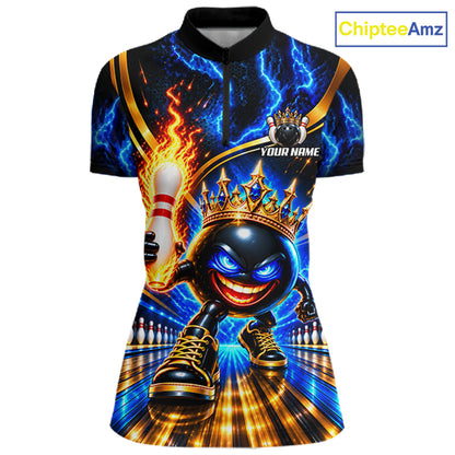 Custom Flame Funny Crown Ball Bowling Team Shirts for Women Bowling League Polo & 1/4 Zip HNT638