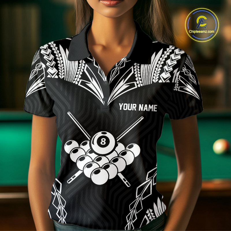 Custom 8 Ball Tribal Pattern Billiard Shirts for Women Billiard Team Shirts Billiard League Polo & 1/4 Zip NNT95