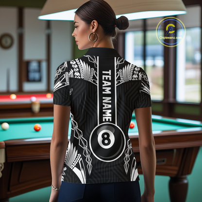Custom 8 Ball Tribal Pattern Billiard Shirts for Women Billiard Team Shirts Billiard League Polo & 1/4 Zip NNT95
