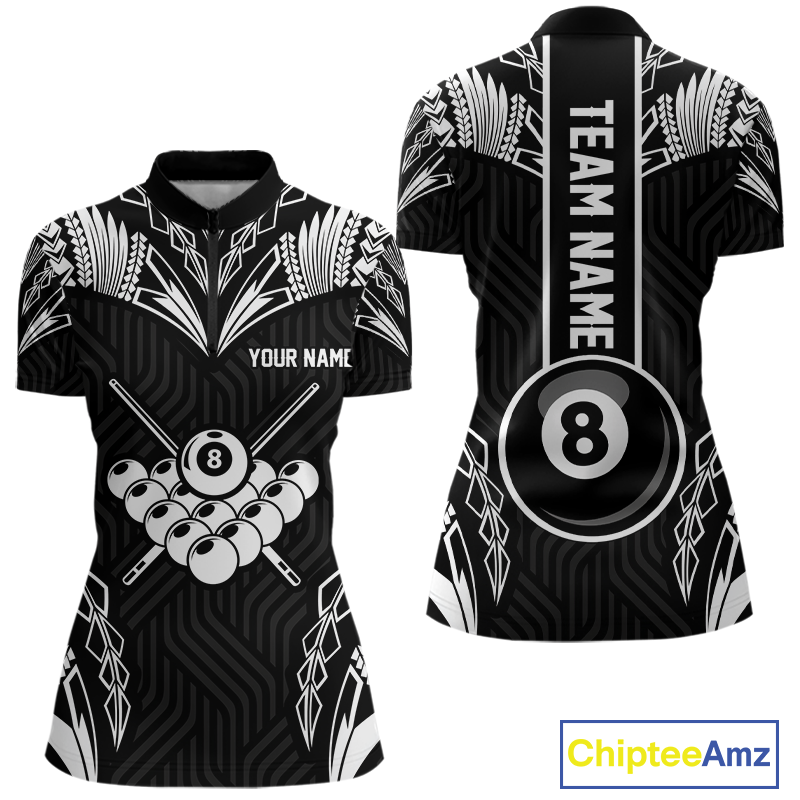 Custom 8 Ball Tribal Pattern Billiard Shirts for Women Billiard Team Shirts Billiard League Polo & 1/4 Zip NNT95