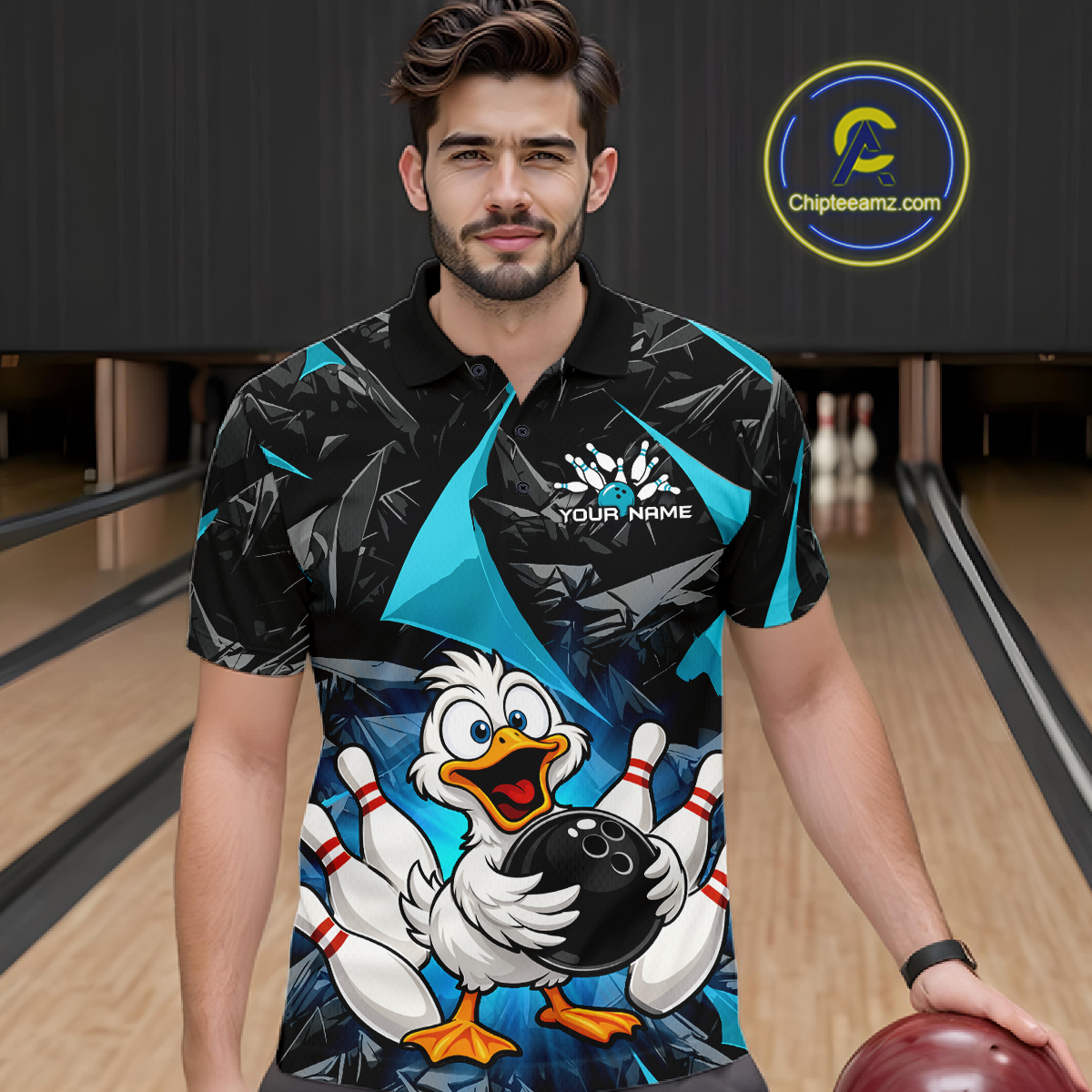 Custom Turquoise Funny Duck Bowling Jersey for Men Bowling League Bowling Team Shirts Polo & 1/4 Zip HN233