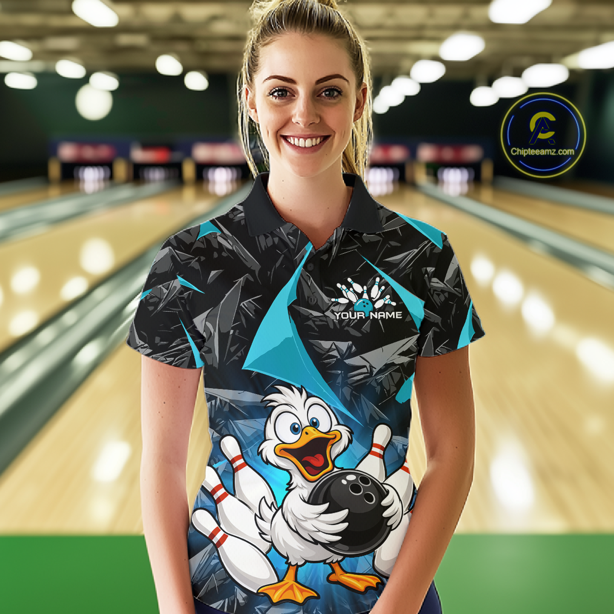 Custom Turquoise Funny Duck Bowling Jersey for Women Bowling League Bowling Team Shirts Polo & 1/4 Zip HN233