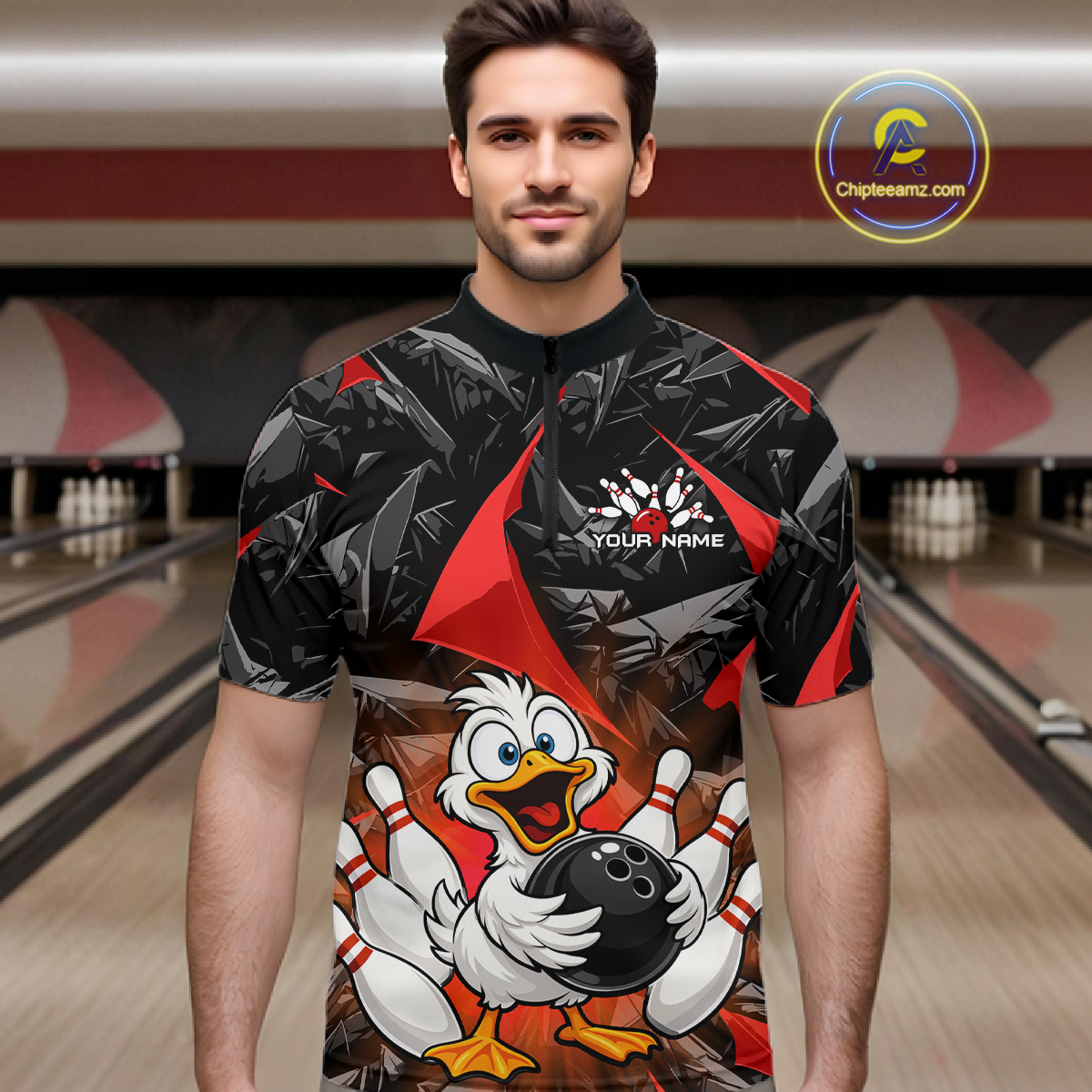 Custom Red Funny Duck Bowling Jersey for Men Bowling League Bowling Team Shirts Polo & 1/4 Zip HN233