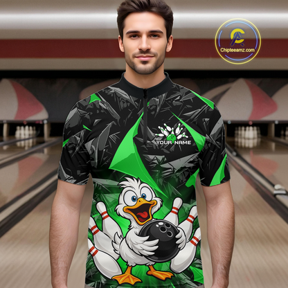 Custom Green Funny Duck Bowling Jersey for Men Bowling League Bowling Team Shirts Polo & 1/4 Zip HN233