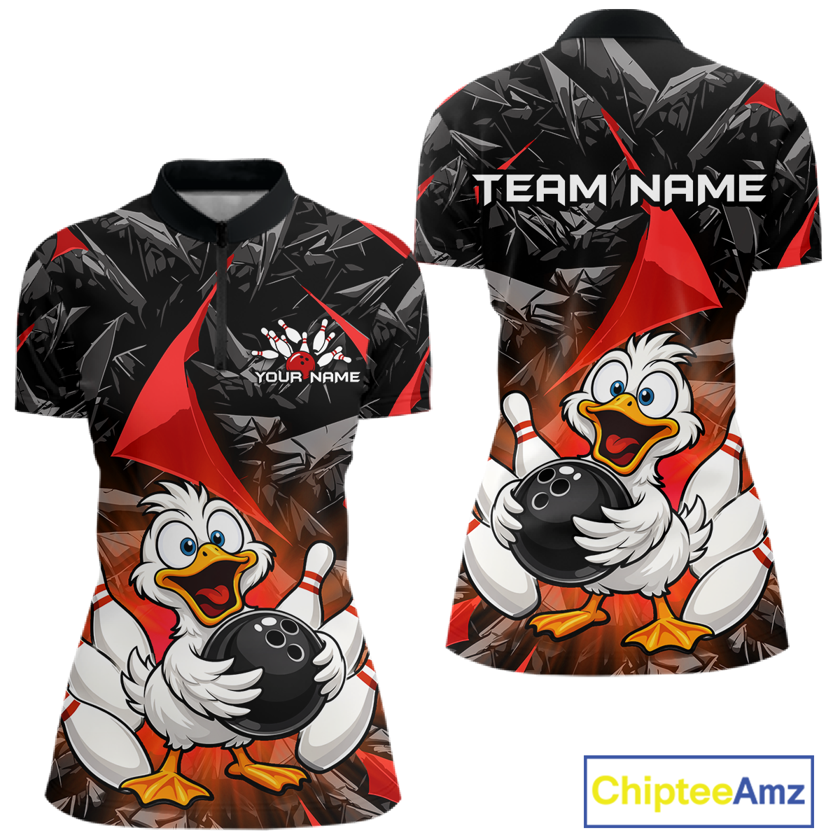 Custom Red Funny Duck Bowling Jersey for Women Bowling League Bowling Team Shirts Polo & 1/4 Zip HN233