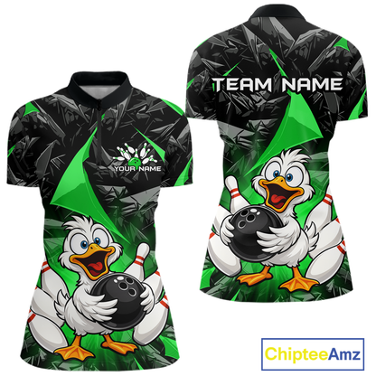Custom Green Funny Duck Bowling Jersey for Women Bowling League Bowling Team Shirts Polo & 1/4 Zip HN233