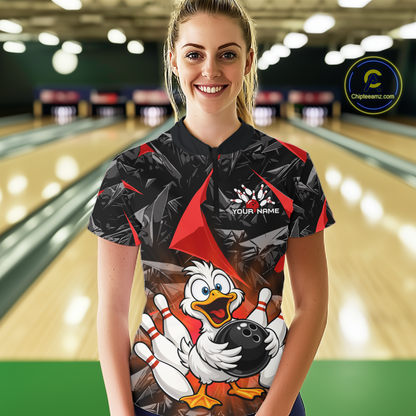 Custom Red Funny Duck Bowling Jersey for Women Bowling League Bowling Team Shirts Polo & 1/4 Zip HN233