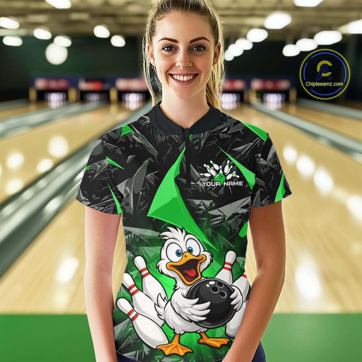 Custom Green Funny Duck Bowling Jersey for Women Bowling League Bowling Team Shirts Polo & 1/4 Zip HN233