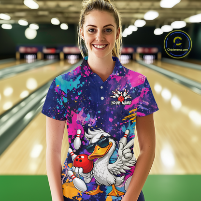 Custom Graffiti Funny Duck Bowling Jersey for Women Bowling League Bowling Team Shirts Polo & 1/4 Zip HN234