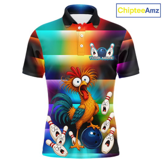 Front views of a colorful bowling  quarter zip featuring a shocked rooster chicken, blue bowling ball, surprised pins, and custom your text.