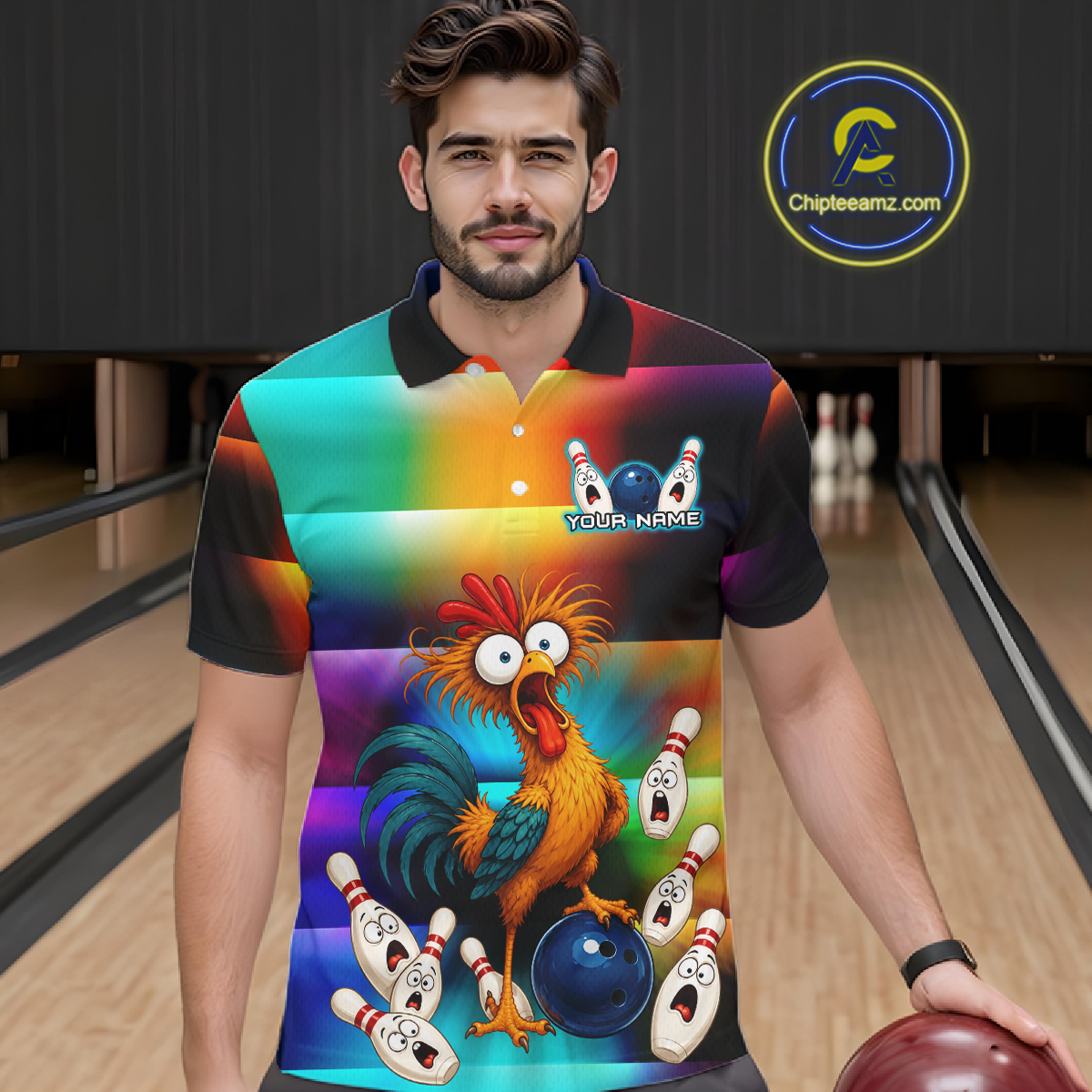 Man wearing a colorful bowling polo featuring a shocked rooster chicken, blue bowling ball, surprised pins, and custom your name text.