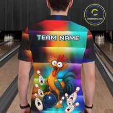 Load image into Gallery viewer, Man wearing a colorful bowling polo featuring a shocked rooster chicken, blue bowling ball, surprised pins, and custom your name text.