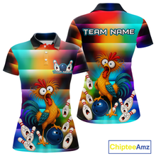 Load image into Gallery viewer, Front and back views of a colorful bowling polo featuring a shocked rooster chicken, blue bowling ball, surprised pins, and custom team and your text.
