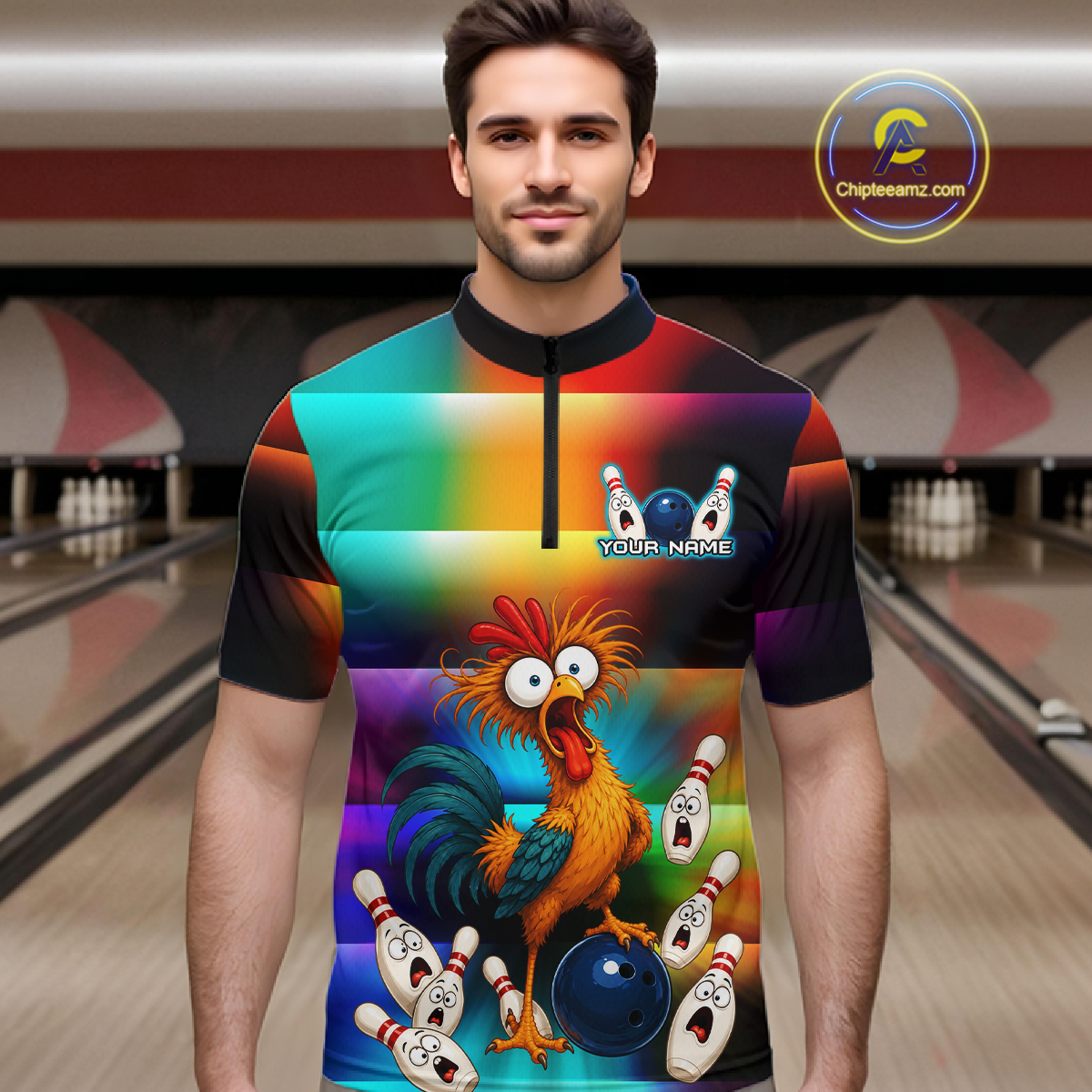 Man wearing a colorful bowling quarter zip featuring a shocked rooster chicken, blue bowling ball, surprised pins, and custom your name text.