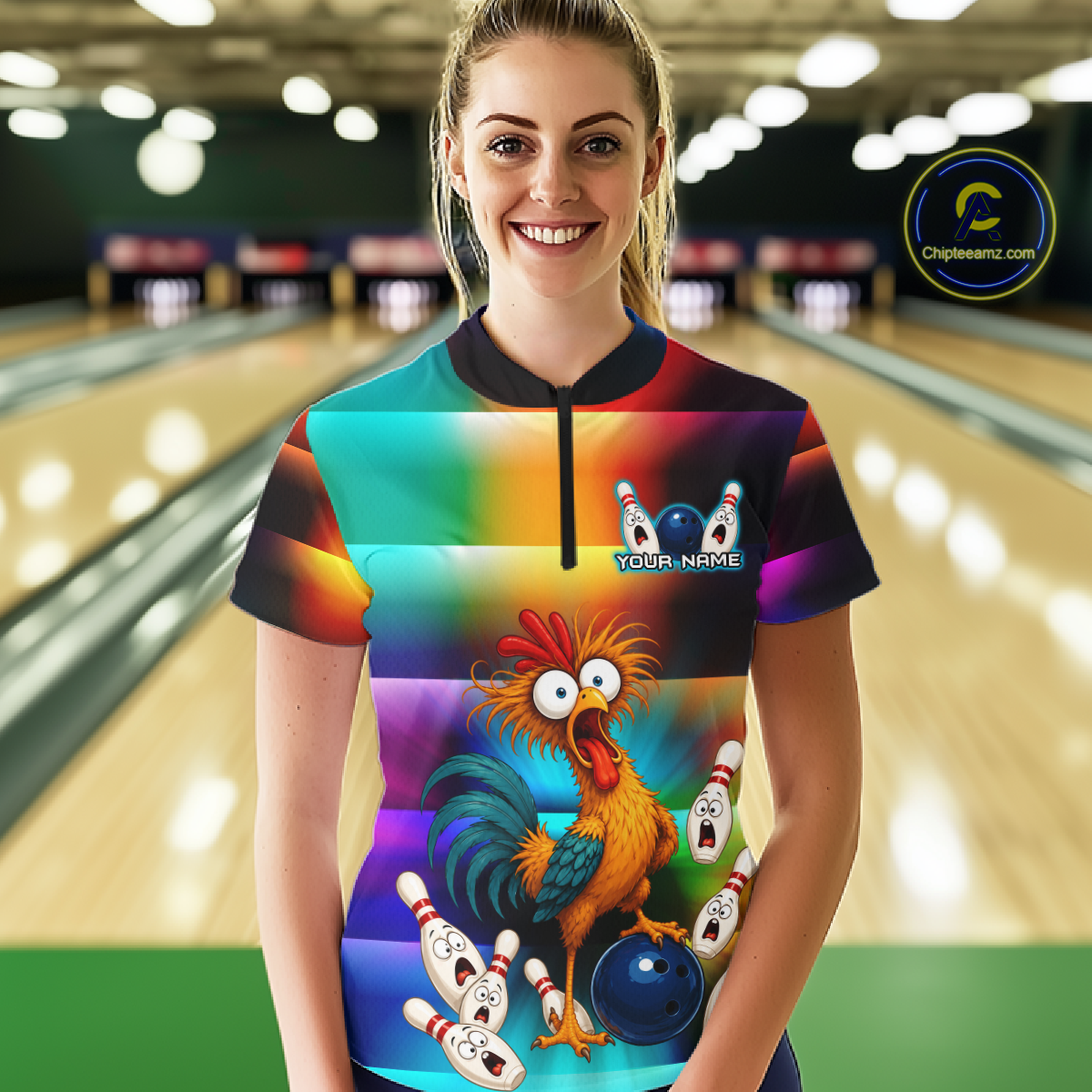 Woman wearing a colorful bowling quarter zip featuring a shocked rooster chicken, blue bowling ball, surprised pins, and custom your name text.