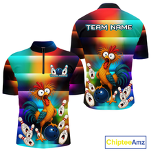 Load image into Gallery viewer, Front and back views of a colorful bowling quarter zip featuring a shocked rooster chicken, blue bowling ball, surprised pins, and custom team and your text.