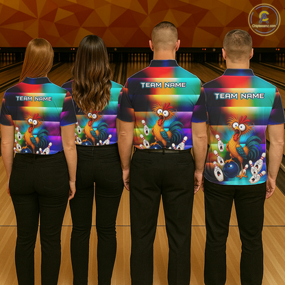 Four people wearing colorful bowling quarter zip featuring a shocked rooster chicken, blue bowling ball, surprised pins, and custom team name text.
