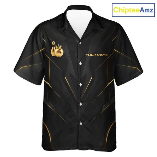 Front view personalized bowling hawaiin shirt with a crowned bowling ball accent paired with gold line patterns across a black layout.