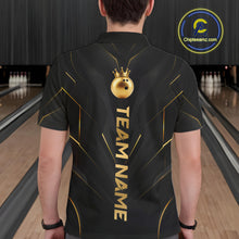 Load image into Gallery viewer, Men wearing personalized bowling polo shirt with a crowned bowling ball accent paired with gold line patterns across a black layout.
