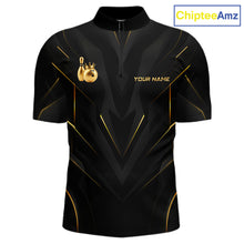 Load image into Gallery viewer, Front view personalized bowling quarter zip shirt with a crowned bowling ball accent paired with gold line patterns across a black layout.