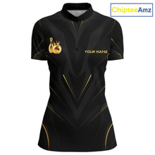 Load image into Gallery viewer, Front view personalized bowling quarter zip shirt with a crowned bowling ball accent paired with gold line patterns across a black layout.