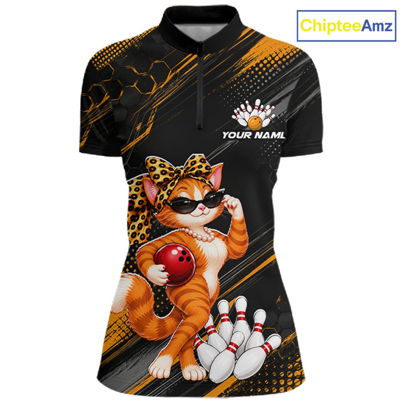 Custom Funny Cat Bowling Team Shirts for Women Bowling Tournament for Bowler Polo & 1/4 Zip HNT644