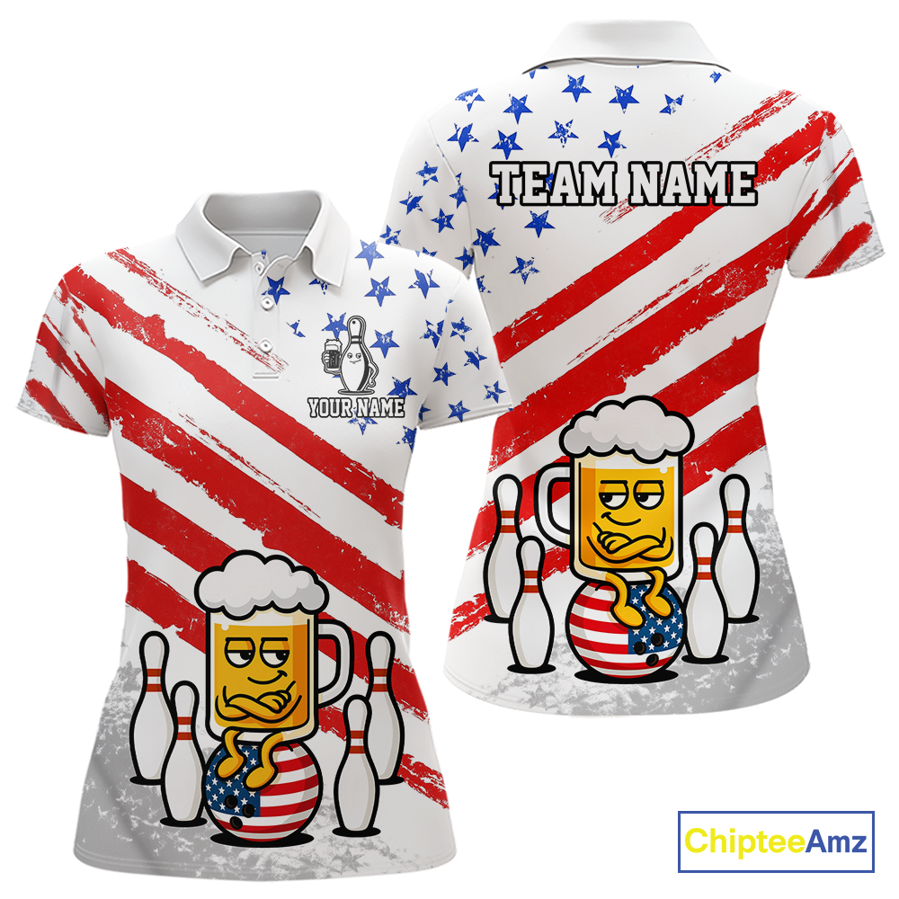 Custom US Flag Funny Beer Bowling Jersey for Women Polo & 1/4 Zip Bowling Team Shirts HNT143