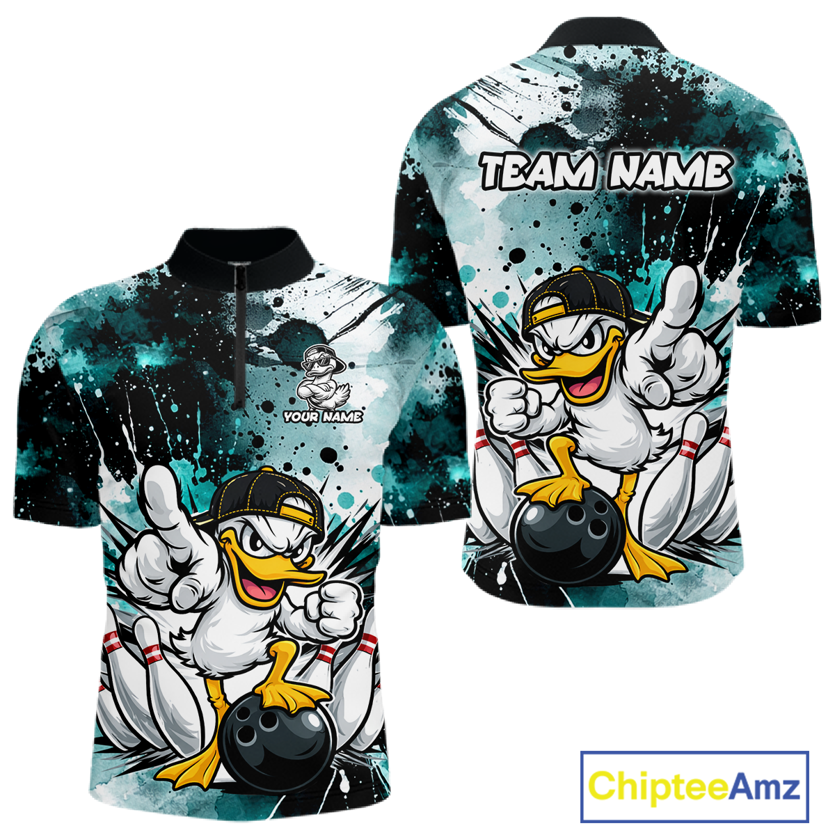 Custom Teal Funny Duck Bowling Jersey for Men Bowling Uniform Polo & 1/4 Zip Bowling Team Shirts HNT237