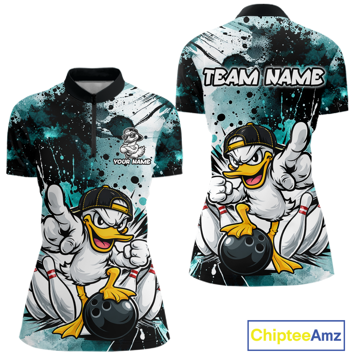 Custom Teal Funny Duck Bowling Jersey for Women Bowling Uniform Polo & 1/4 Zip Bowling Team Shirts HNT237