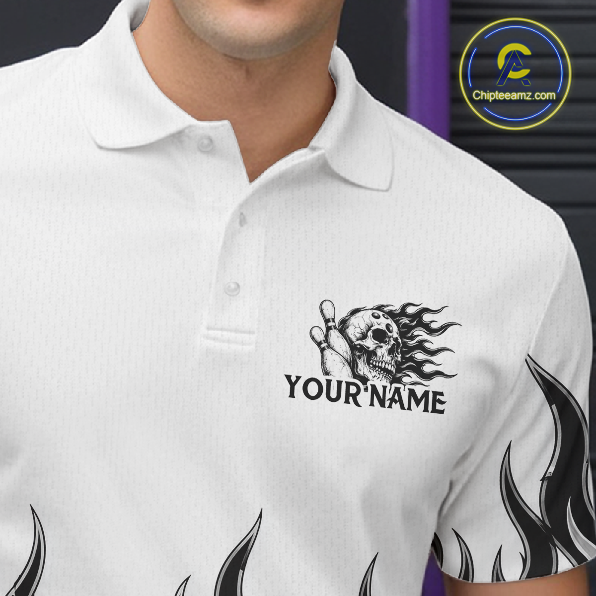 Custom Skull Flame Bowling Jersey for Men Bowling Team Shirts Bowling League Polo & 1/4 Zip HNT305