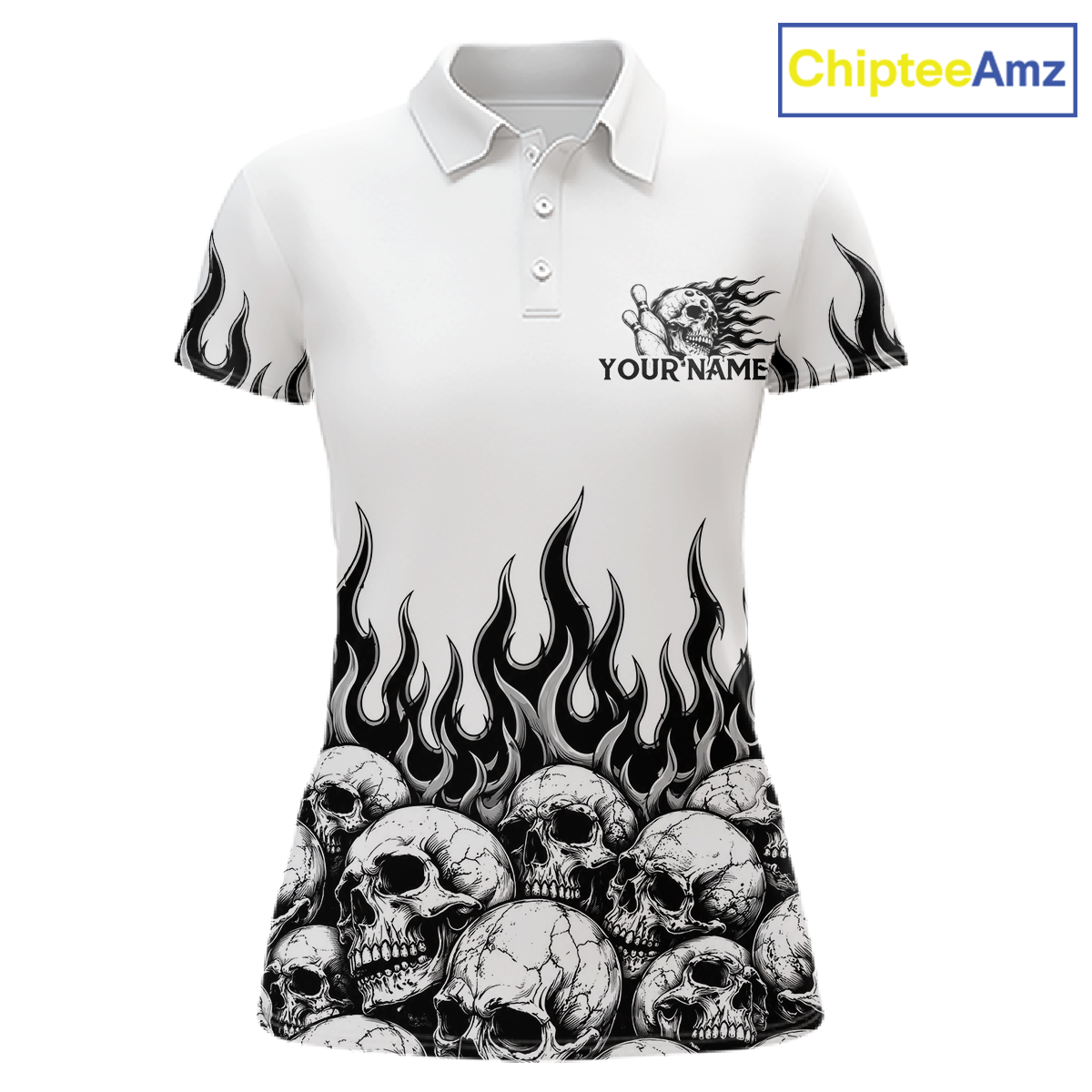 Custom Skull Flame Bowling Jersey for Women Bowling Team Shirts Bowling League Polo & 1/4 Zip HNT305