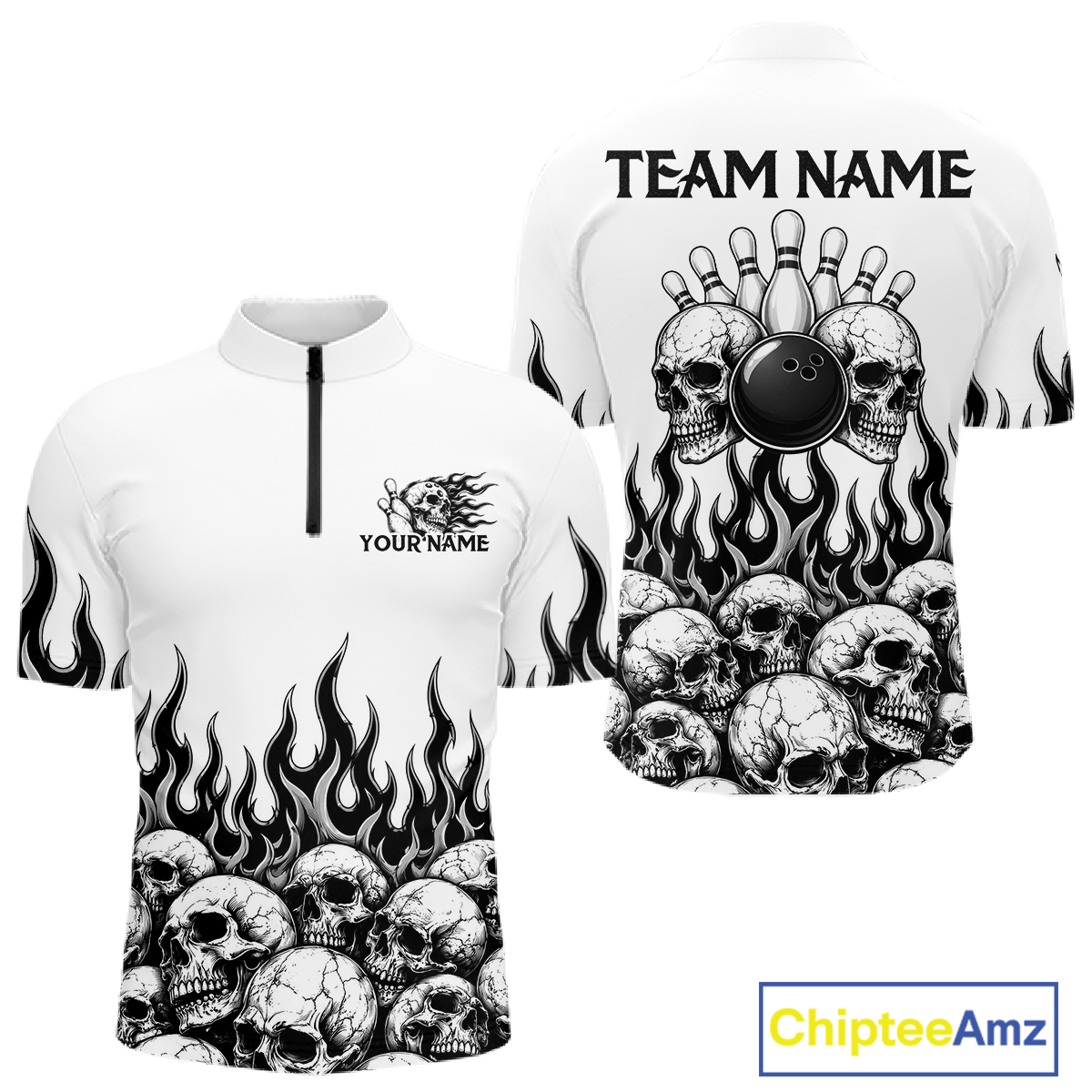 Custom Skull Flame Bowling Jersey for Men Bowling Team Shirts Bowling League Polo & 1/4 Zip HNT305