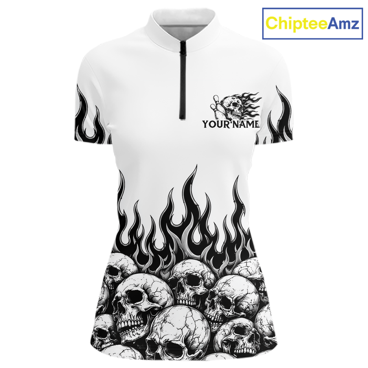 Custom Skull Flame Bowling Jersey for Women Bowling Team Shirts Bowling League Polo & 1/4 Zip HNT305