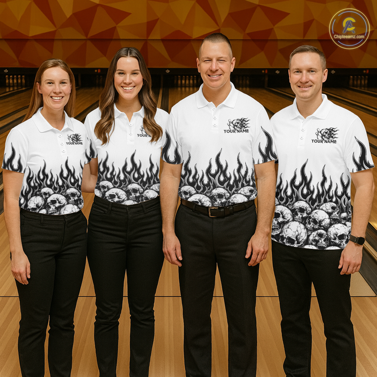 Custom Skull Flame Bowling Jersey for Men Bowling Team Shirts Bowling League Polo & 1/4 Zip HNT305