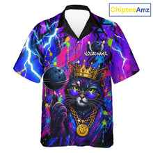 Load image into Gallery viewer, Front view personalized bowling hawaiin shirt with a crowned cat holding a bowling ball, blended with colorful paint strokes and graphic patterns.