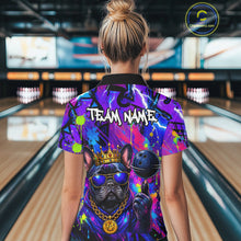 Load image into Gallery viewer, Women wearing personalized bowling polo shirt with a crowned bulldog holding a bowling ball, surrounded by paint effects and bold graphic patterns.