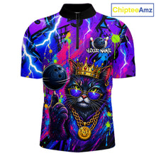 Load image into Gallery viewer, Front view personalized bowling quarter zip shirt with a crowned cat holding a bowling ball, blended with colorful paint strokes and graphic patterns.